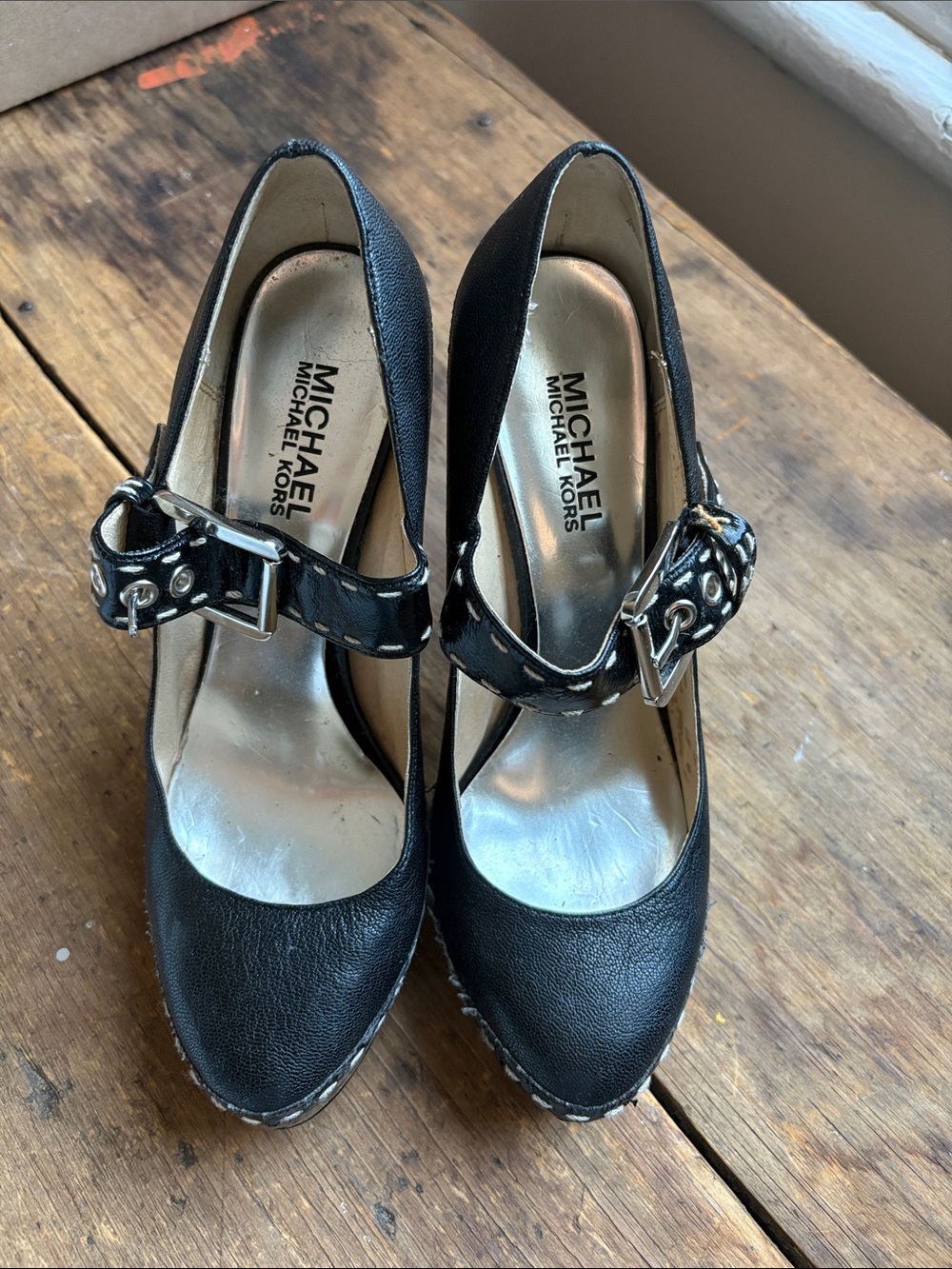 Michael Kors Black Leather Mary Jane Platform Heels with Buckle
